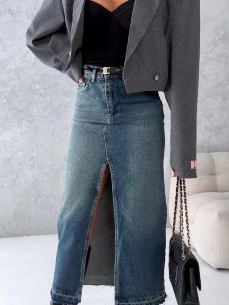 High Waist Washed Denim Slit Skirt - Slim Fit, Mid-length Retro Style for Women