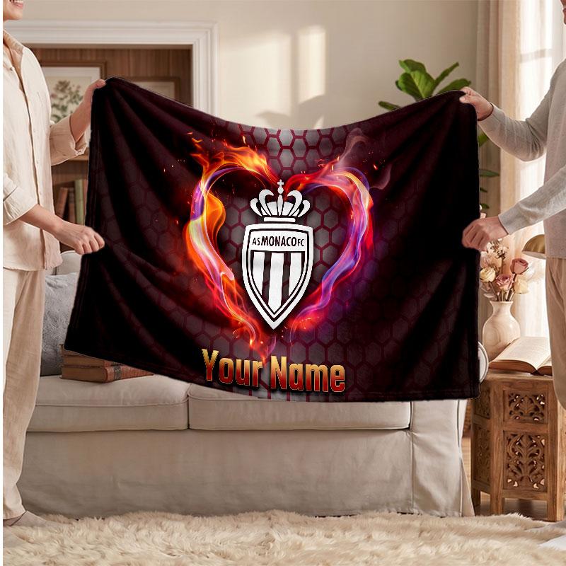 Monaco FC Personalized Fleece Blanket With Football Logo, Custom Name Text Soft Warm Home Throw Blanket