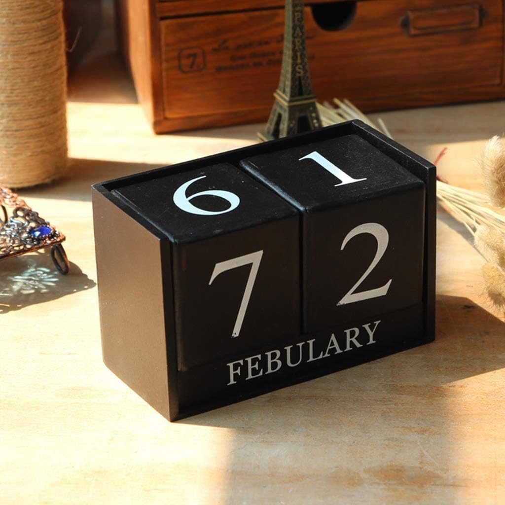 Vintage Wooden Calendar Desktop Time Concept Rustic Wood Blocks Chic Perpetual Calendars Month Date Number Display Home Office Decoration Desk