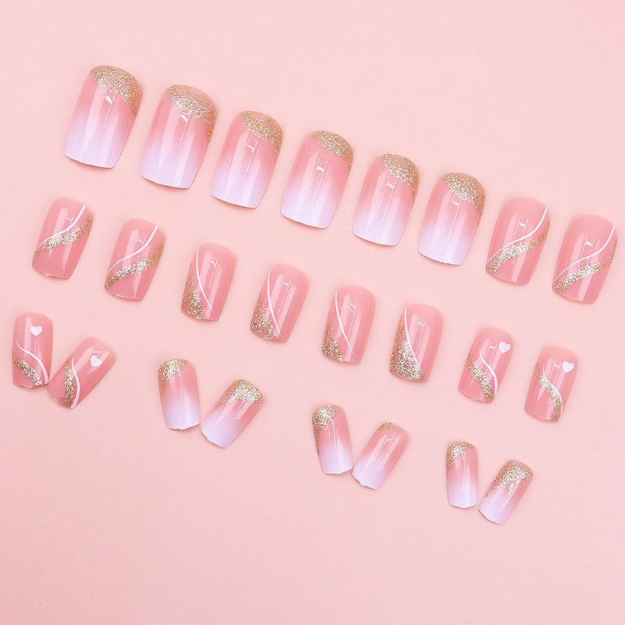 24 Pieces Pink white gradual change gold glitter simple decoration short temperament white nail art autumn and winter temperament white wear nail