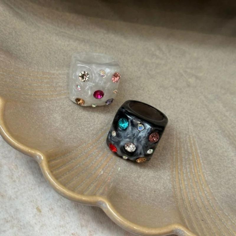 New Colorful Resin Geometric Square Ring Colorful Diamond Inlay Fashion Trend Ring for Women Girls Elegant Aesthetic Jewelry