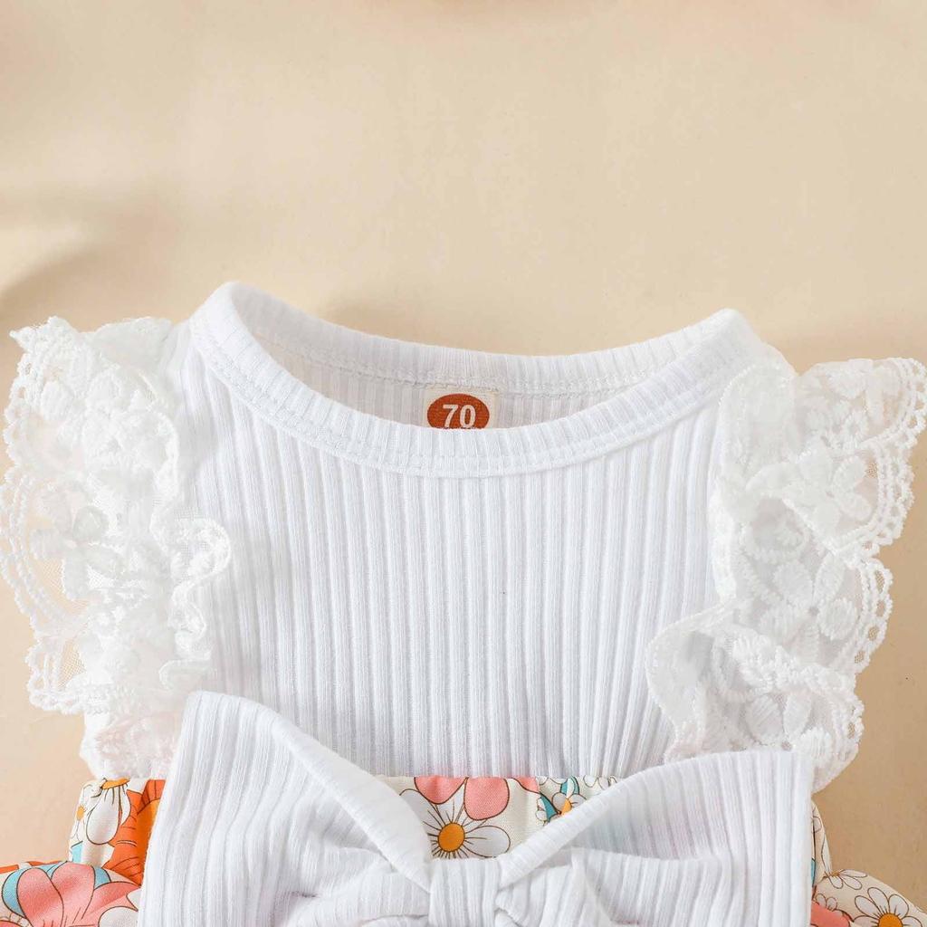 2-piece Summer Girls' Lace Dress Hairband Set Printed Jumpsuit, Baby Dress, Children's Set