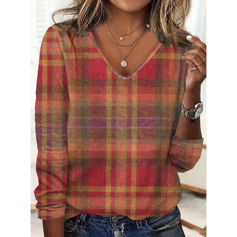 Cat Print Colorblock T-Shirt, Casual V-Neck Long Sleeve T-Shirt