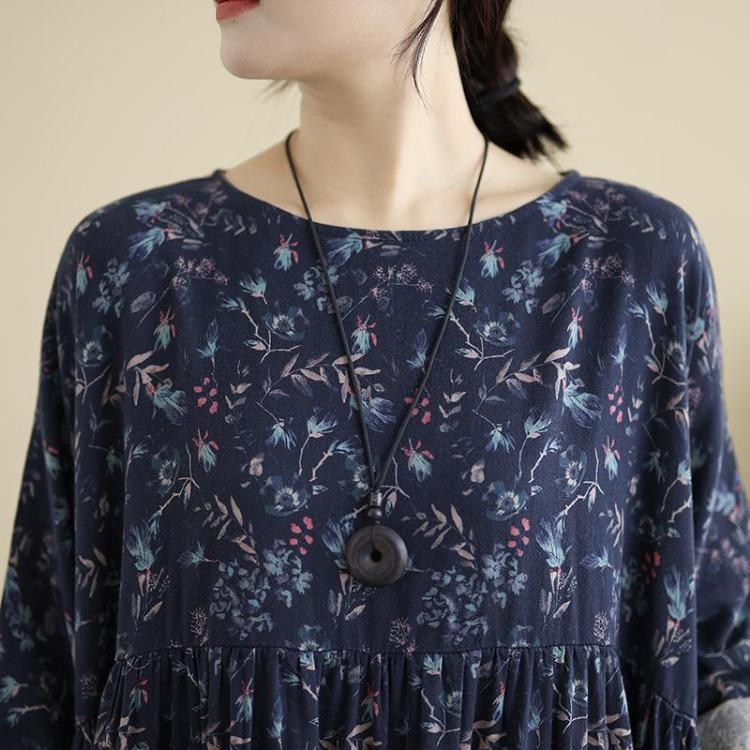 Spring Floral Print Vintage Maxi Dress Long Sleeve Loose Oversize Casual Basic Long Dress for Women Plus Size