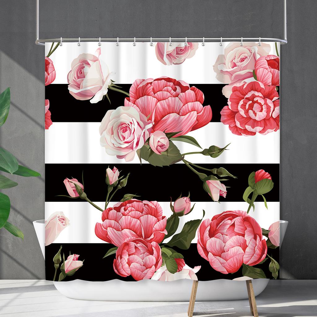 Shower Curtain Waterproof and Mildew-proof Digital Printing Horizontal Strip Plant Flower Printing Shower Curtain Partition Curtain Free Punching