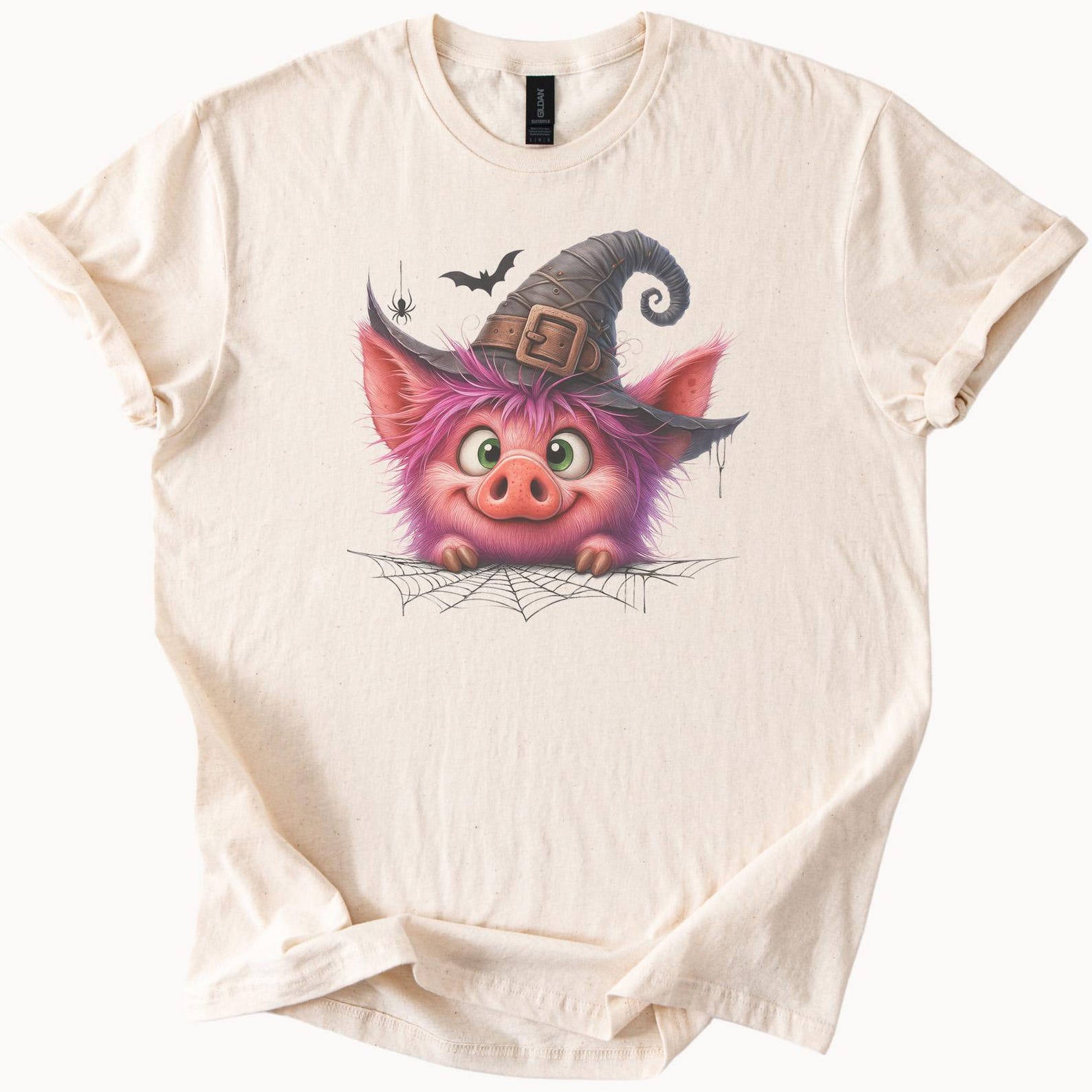 Cute Pink Pig in Witch Hat Halloween Cartoon Animal T Shirt Funny Spooky Bat Spider Fall Graphic Tee Gift for Men Halloween 100