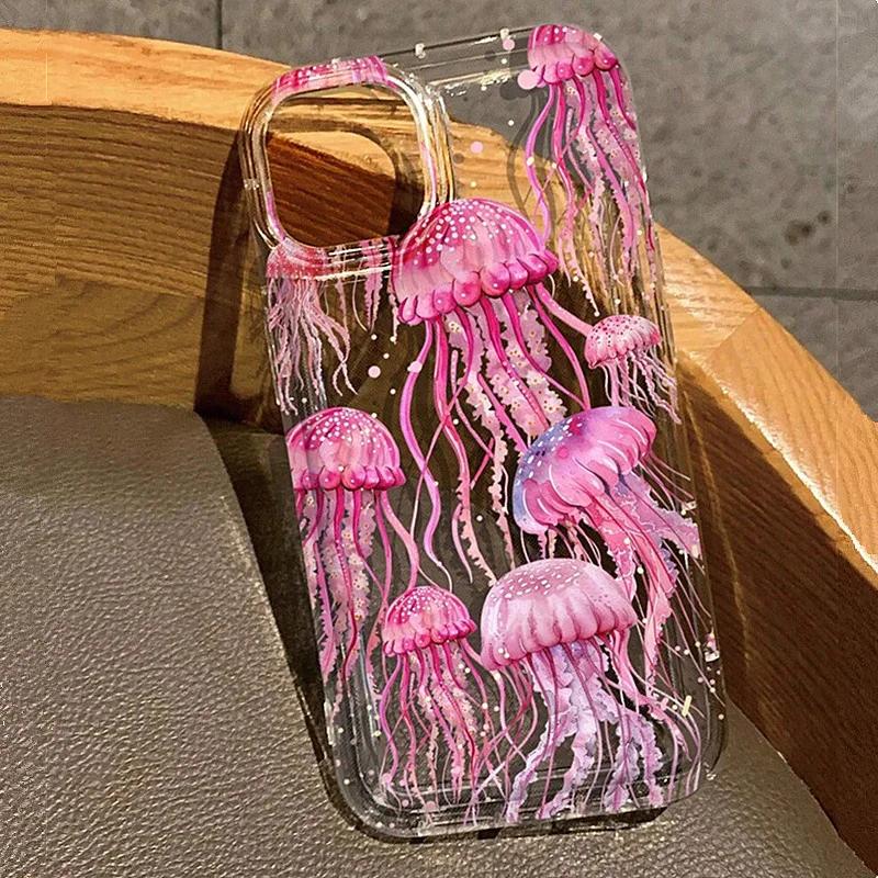 Pink Jellyfish Oceanic Clear Phone Case For iPhone 16 15 Pro Max Cases iPhone 14 13 12 11 XS XR 7 8 Plus 16e Airbag Sharks Cover