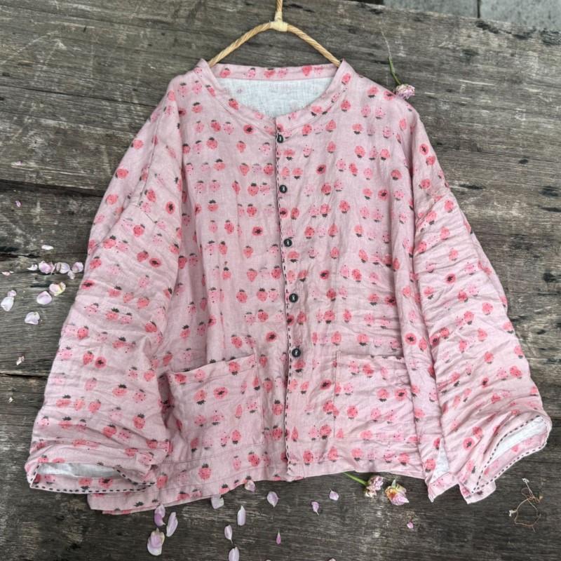 Johnature Camisas Florales Estampado Vintage para Mujer Rosa Cuello Redondo Manga Larga Blusas Otoño Bolsillos Botón Camisas Sueltas