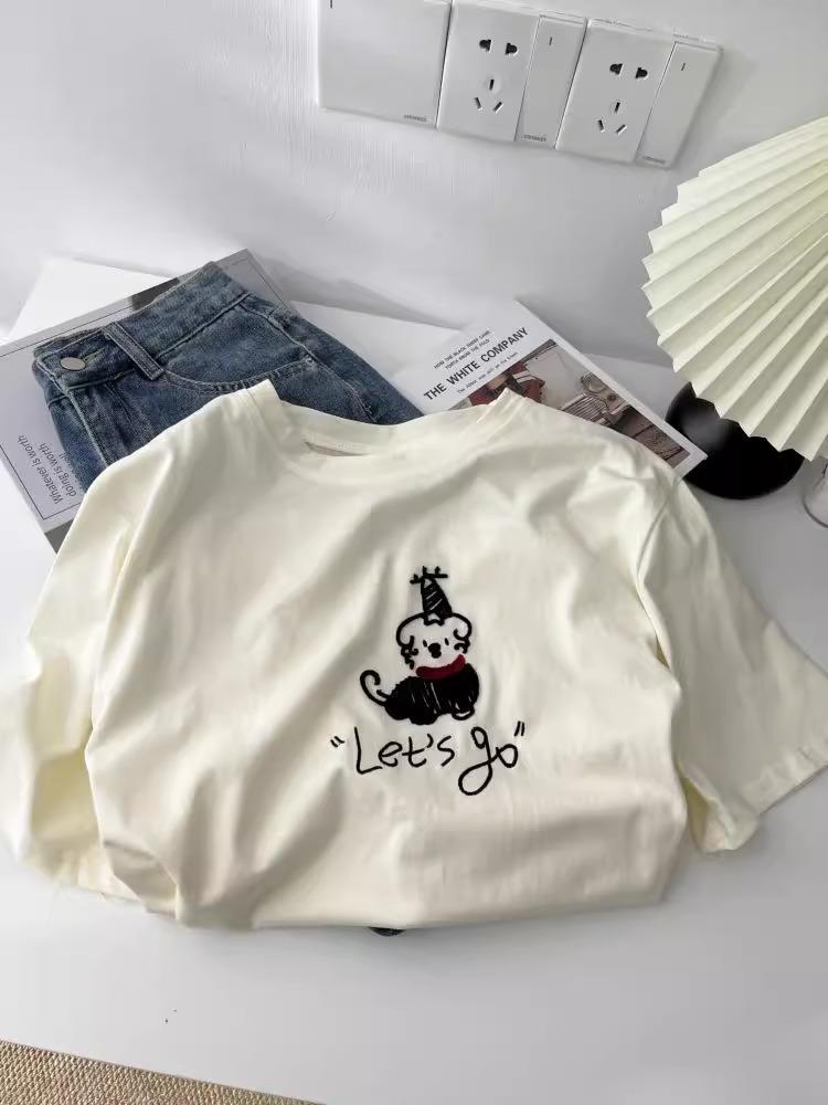 Korean Age-Reducing Red Scarf Puppy Embroidered Women's T-Shirt - Soft Cloud Cotton Brushed Short Sleeve Spring/Summer 2025