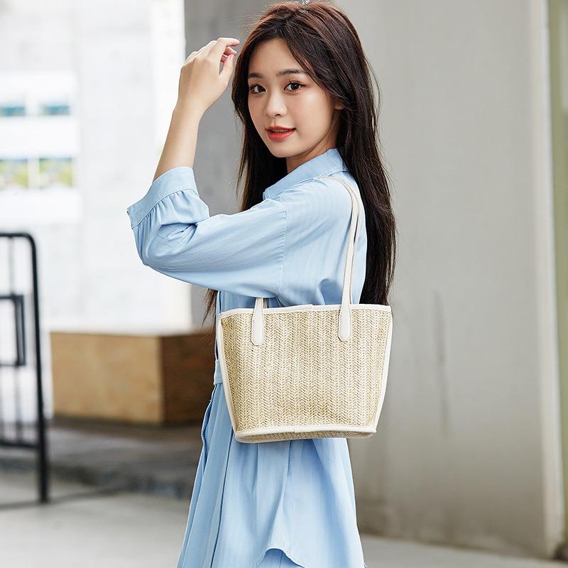 Women's handbag summer new fashion shoulder bag straw child and mother bag casual tote bag women's bag bucket bag