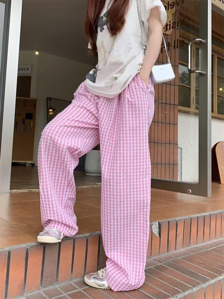 Plaid Colorblock High-Waist Straight-Leg Summer Pants - Women's Trendy and Versatile Floor-Length Design