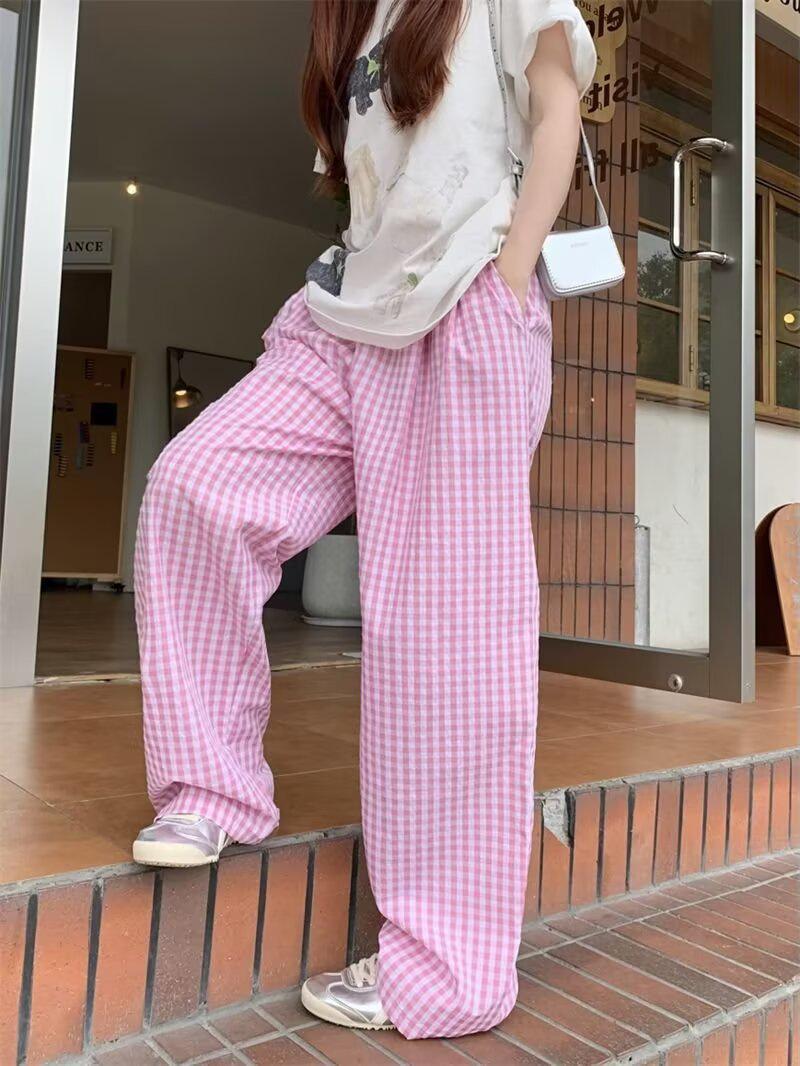 

Plaid Colorblock High Waist Straight-Leg Women s Summer Pants Medium розовый