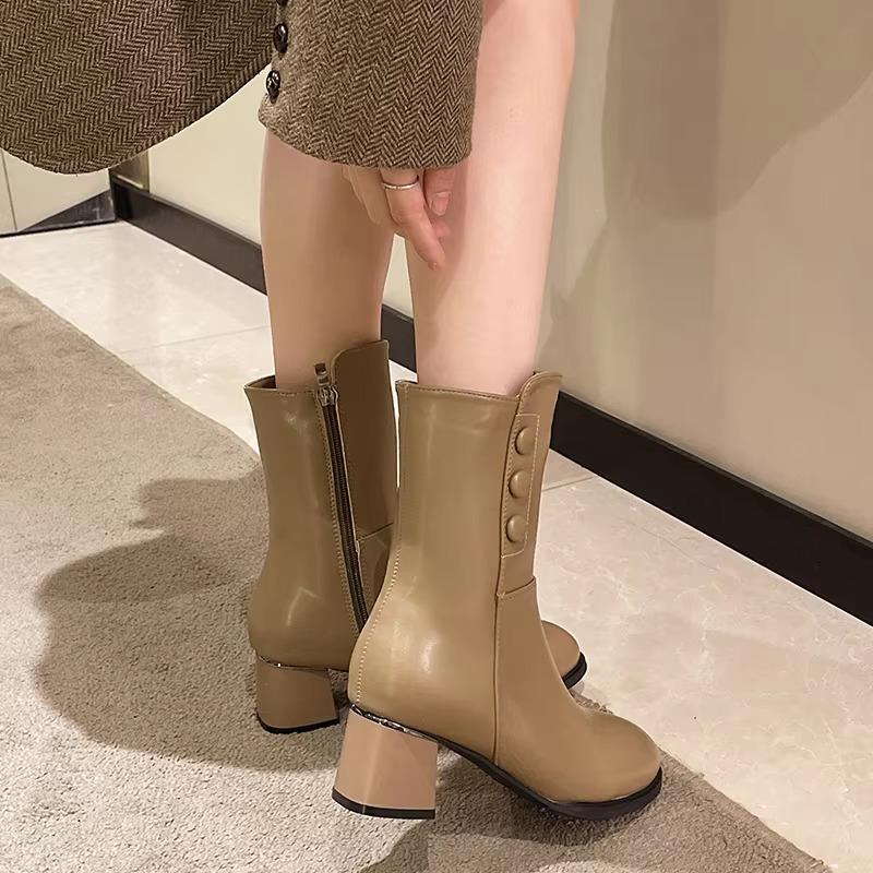 Fashion 2025 Fashion Mid-Calf Women's Boots Classics Modern Boots Women Buttons Round Toe Side Zip Med Heel New Plus Size Ladies Shoes