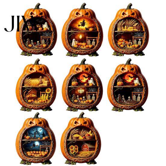 Wooden Halloween Decorations Centerpiece Pumpkin, Pumpkin Ornament with Miniature Scenes, Rustic Unique Table Centerpieces Skeleton for Farmhouse Home