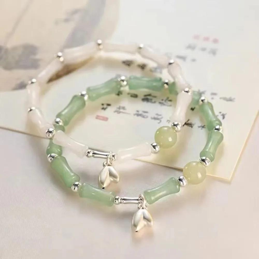 Chinese Style Retro Green Bamboo Joint Beaded Bracelet for Women's Fashion Simple Charm Alloy Leaf Bracelet Fashion Jewelry Gift