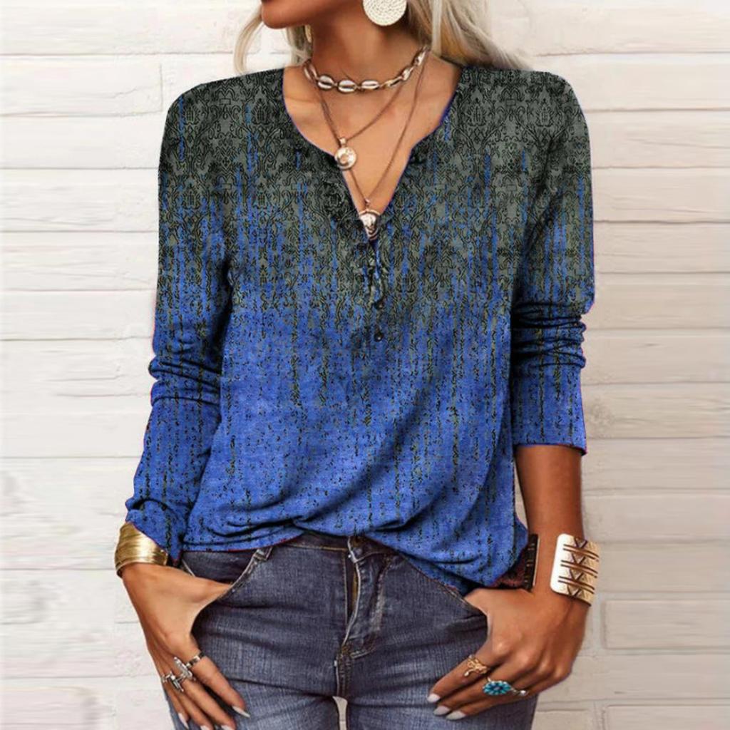 Women's V Neck Long Sleeve Loose Fit Floral Print T-Shirt Top Casual Blouse
