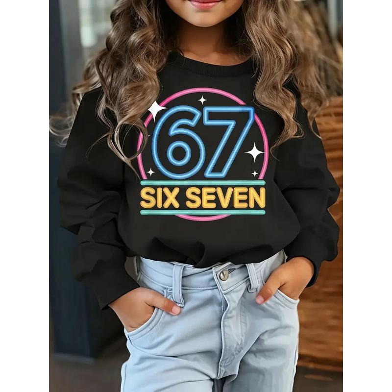 European sizes Stylish Neon '67' Graphic Crew Neck Sweatshirt for Kids, Bold Yellow 'SIX SEVEN' with Blue Outline, Perfect Indoor Casual Wear