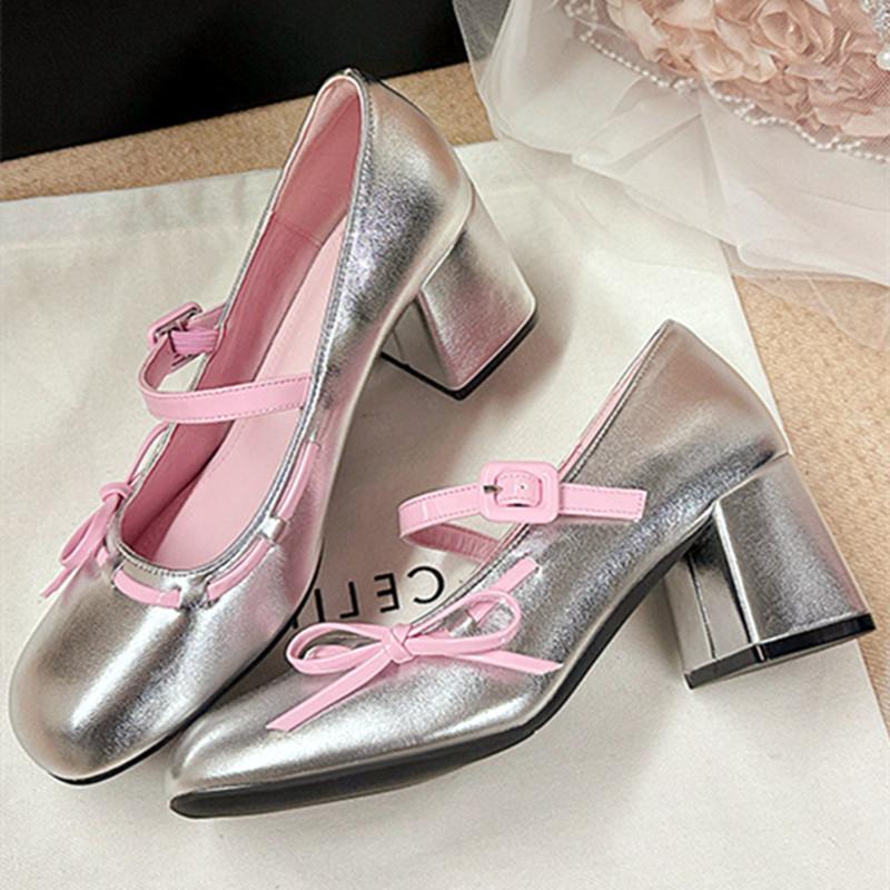 Fashion Sweet Bow Belt Buckle Women Sandals Fashion Round Toe Square Heel Mary Jane Shoes Simple Comfort Patent Leather Women Slide Shoe