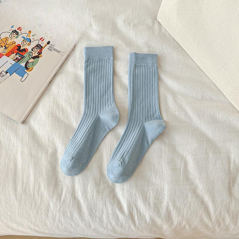 Female Summer Thin Simple Pure Color All Build Vertical Bar Wicking High Tube Cotton Socks