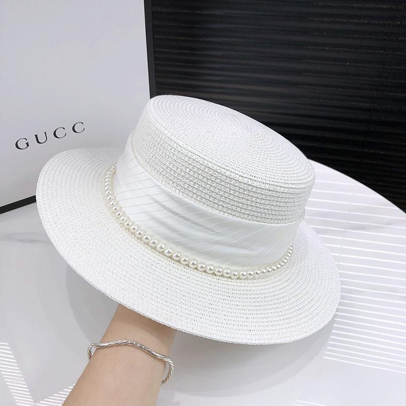 Elegant French-Style Women's Sun Hat | Natural Straw Woven with Pearl Accents | Flat Top Design for UV Protection Beach Hat