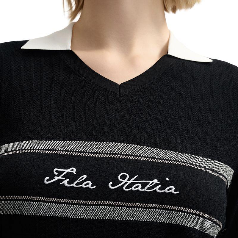 FILA Refreshing Comfortable Literary Style Versatile Slim Fit V-Neck Retro Letter Short Sleeve Knitted Top Women tops Legendary-Blue F11W523411FNV