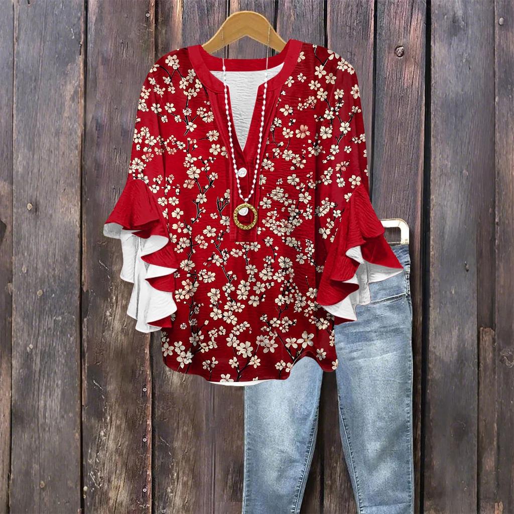 Tops For Women Cute Button V Neck 3/4 Sleeve Blouses Print Top Casual Shirts