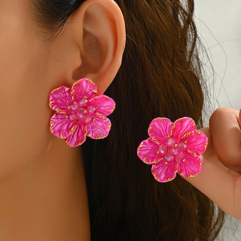 Vintage Acrylic Camellia Stud Earrings for Women Elegant Colorful Crystal Flower Temperament Earrings Beach Jewelry
