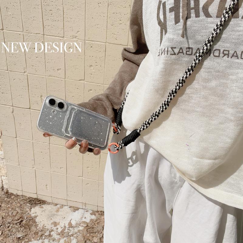 Crossbody Lanyard Strap Card Holder Glitter Gradient Case For iPhone 16 15 14 Pro Max Plus 12 13 Mini 11 7 8Plus XR XS Max Cover