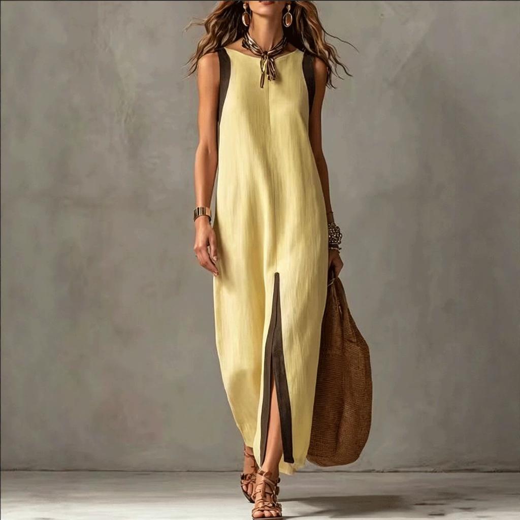 Amazon 2026 cross-border European and American summer new women's casual temperament sleeveless contrasting color split linen dress