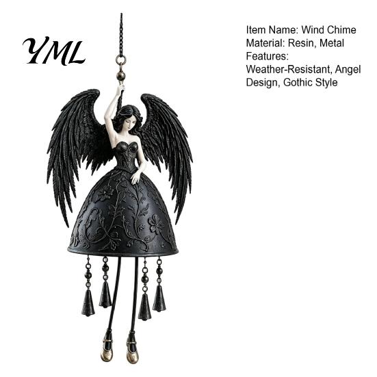 Gothic Angel Wind Chime Dark Chime, Winged Black Weather Resistant Hanging Windbell for Outdoor Garden Porch Patio Decor