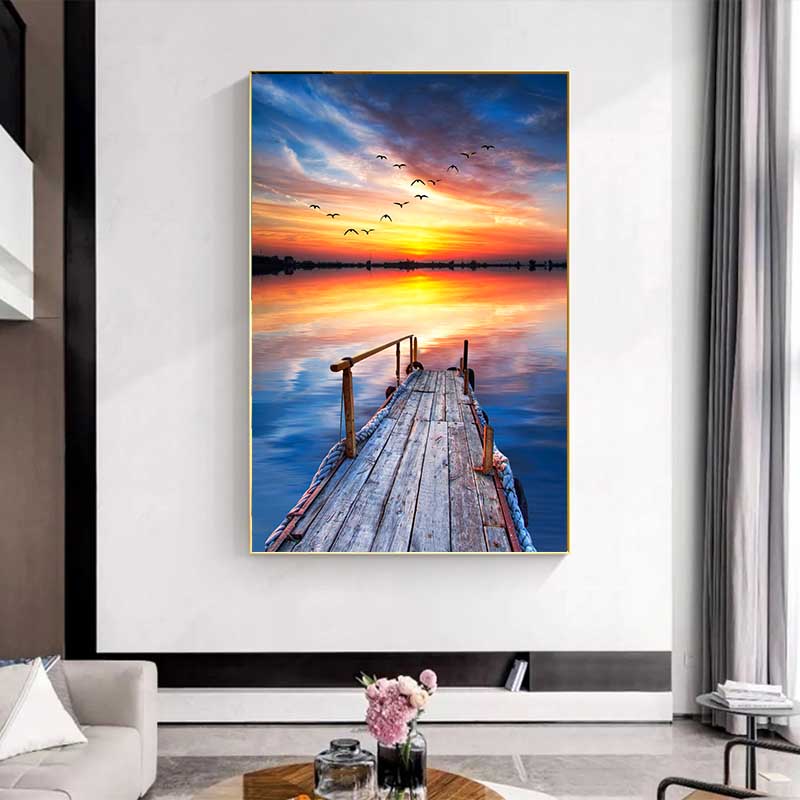 Pósteres y grabados de puentes de madera en la playa, pintura en lienzo de paisajes, imágenes artísticas de pared al atardecer para sala de estar, decoración moderna del hogar