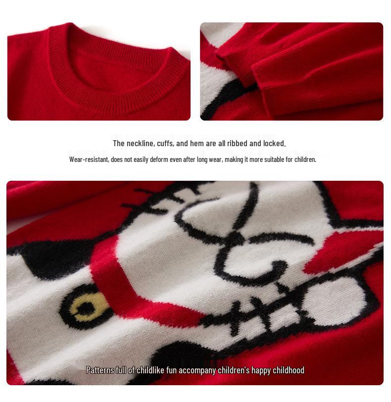 Children's Round Neck Red Lucky Cat Jacquard Cashmere Sweater