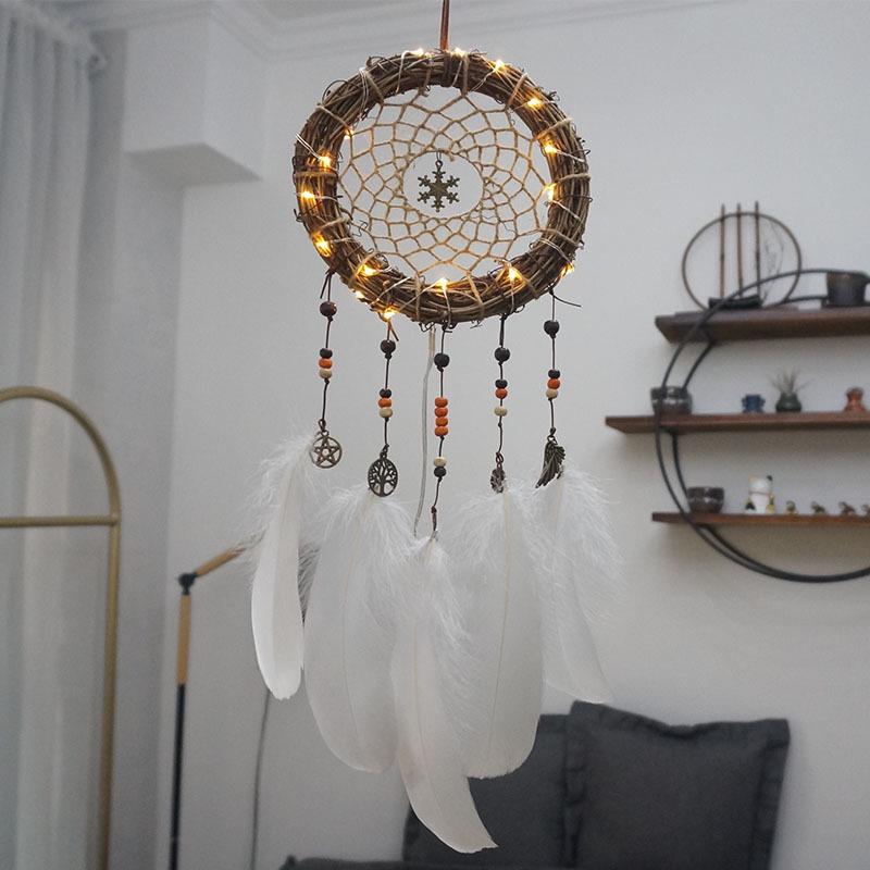 Retro Rattan Dream Catcher Mori Style Night Light Ornament – Cute Woven Home Decoration Pendant 