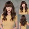 Women Synthetic Wavy Golden Brown Wigs with Bangs Natural Fluffy Hair Daily Party Costume Heat Resistant Fibre