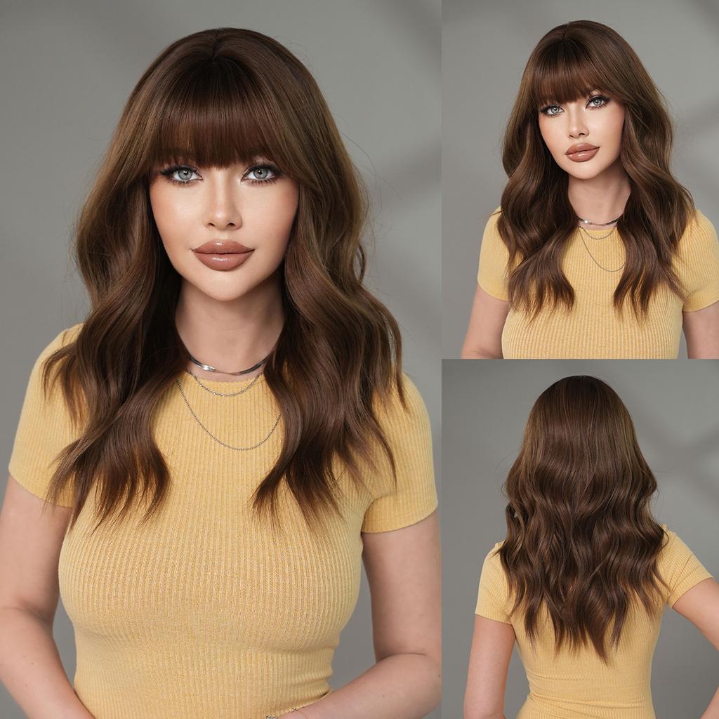 Women Synthetic Wavy Golden Brown Wigs with Bangs Natural Fluffy Hair Daily Party Costume Heat Resistant Fibre