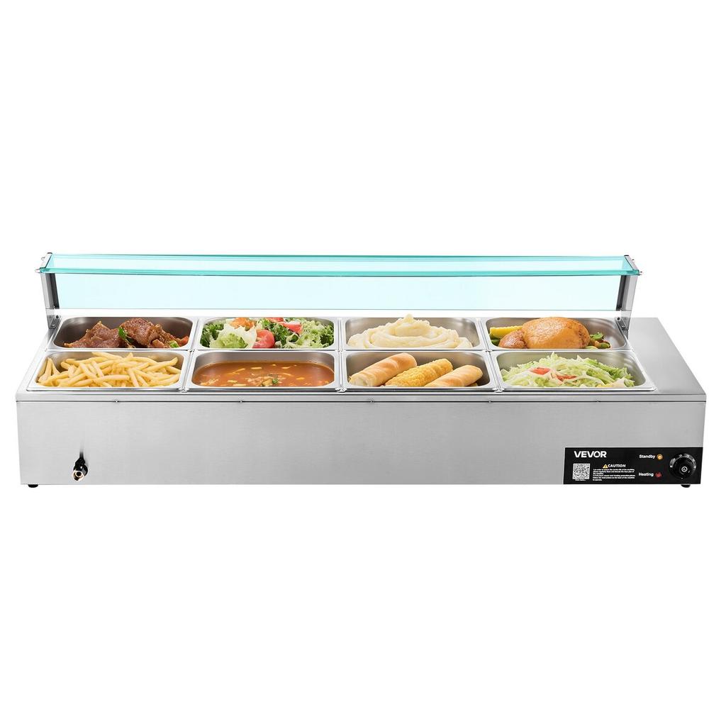Commercial Food Warmer, 1700W Electric Stainless Steel Steam Food Warmer with Glass Cover, 8-Pan Countertop Buffet Bain Marie with Soup & Perforated