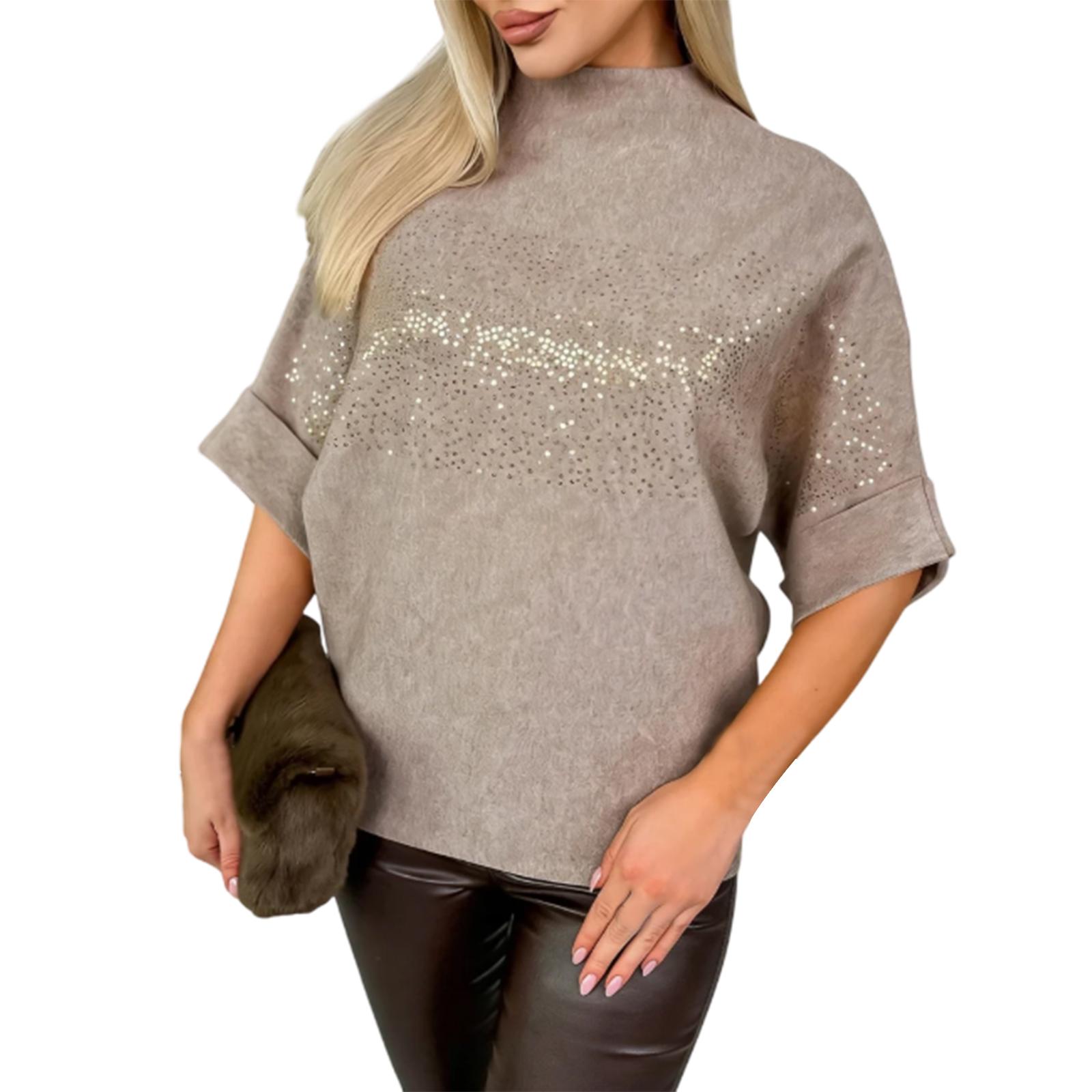 

Женский новый европейский и американский модный топ с пайетками, цветной, с высоким воротником XL хаки