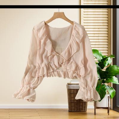 Chiffon Cardigan V-tie Lace-Up Lightweight Shirt Solid Color Ruffle Trim Summer Thin Sun