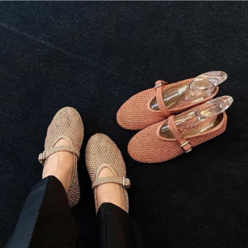 New Handmade Women Woven Flats Retro Baotou Sandals Shallow Mouth Flat Ballet Shoes Genuine Leather Mary Jane Shoes for Women