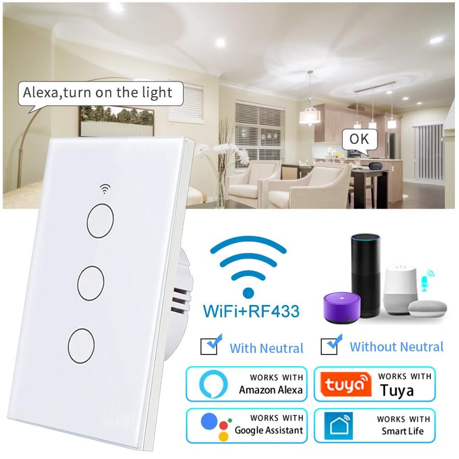 Smart Switches US Neutral Wire/No Neutral Wire Required 1/2/3/4 Gang Light WiFi Touch Switch Works with Tuya Smart Life App