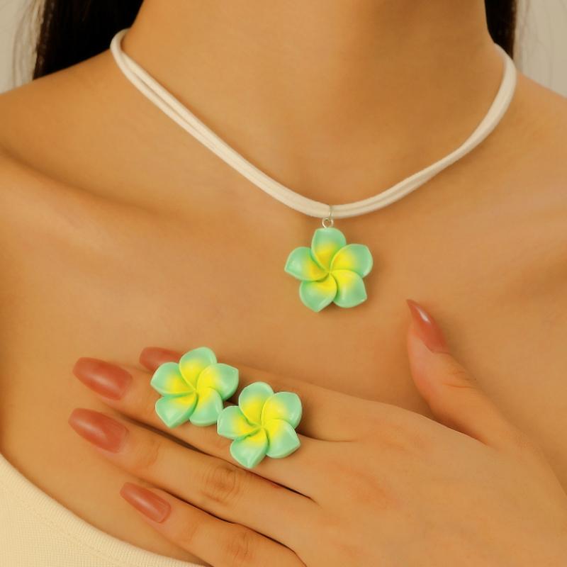 Romantisches Blumenanhänger-Halskettenset Harzschmuck Seilkette Choker Mit Ohrringen Elegant Frauen Süß Lieblich Sommer Strandmode Boho Schmuckset