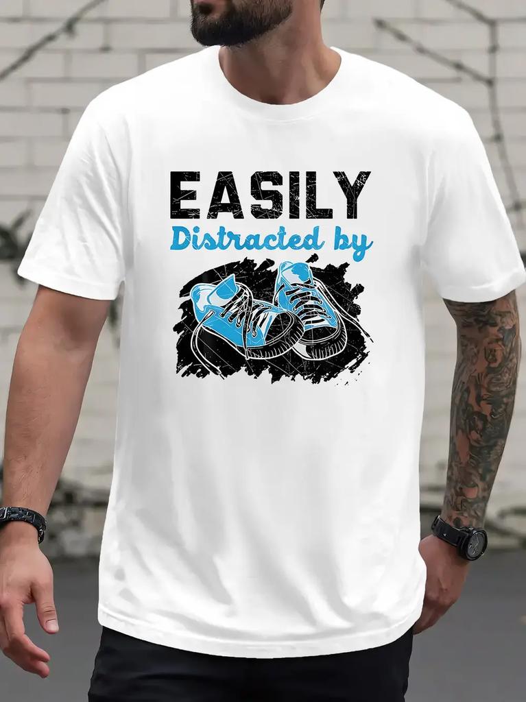 Funny "Easily Distracted By" Graphic T-shirt - Light Grey Tee with Bold Black Text - Regular Fit Casual Shirt for Gym