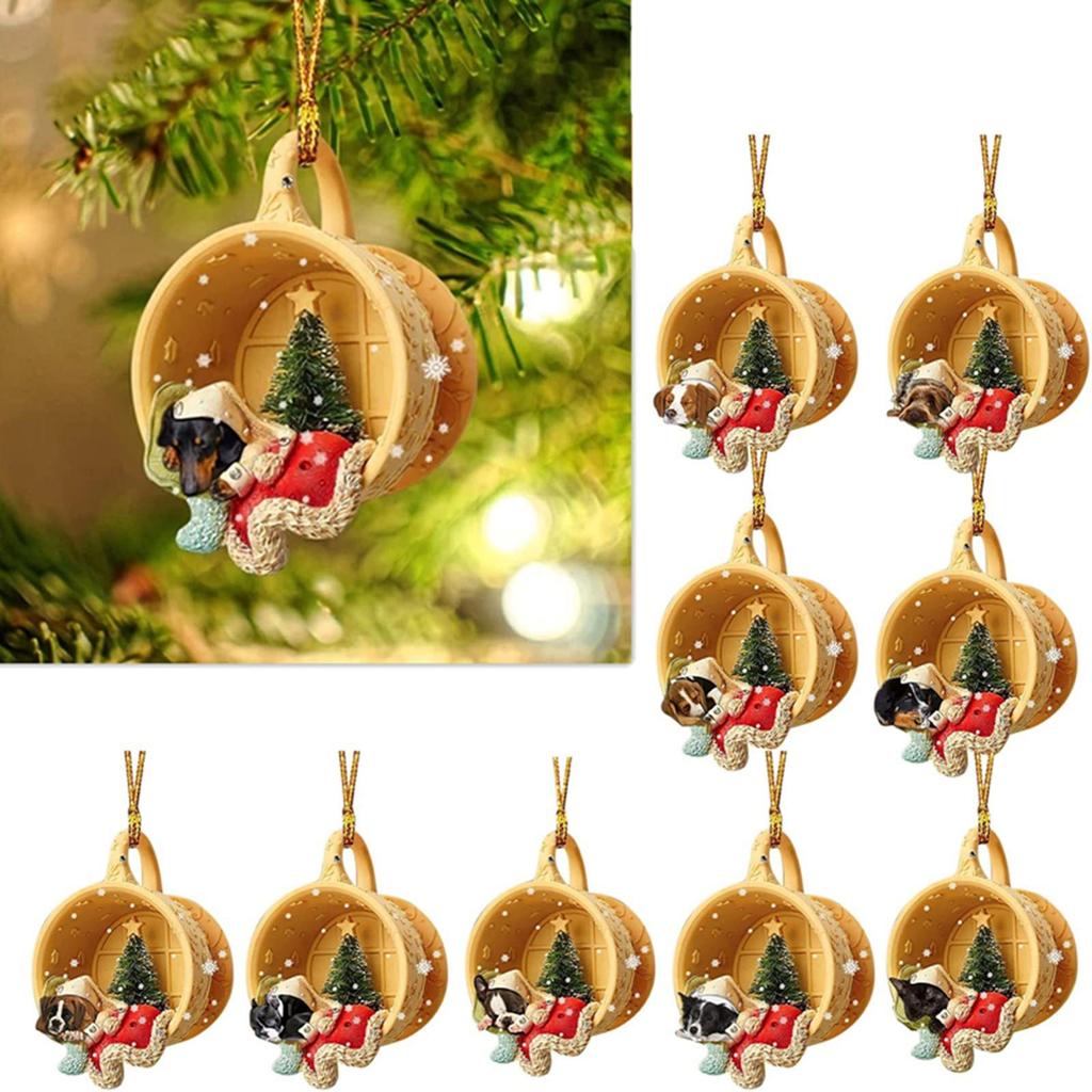 1Pcs Christmas Cartoon Dachshund Dog Ornament Cup Acrylic Pendant Christmas Tree Hanging Decoration Car Interior Decor