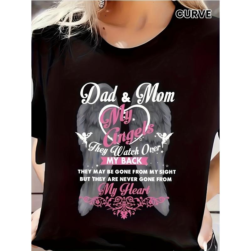 

Dad & Mom Angel Wings Tribute Tee Soft Breathable Round Neck Short Sleeve Heartfelt Message Casual Wear Durable Print Shirt 4XL