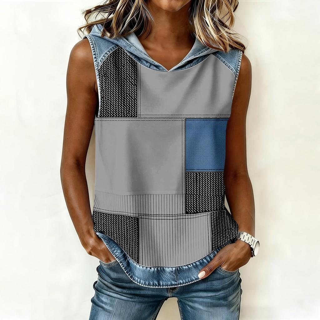 Damen Kapuzenweste Freizeit Ärmellos Patchwork-Design Leicht Bequeme Passform Weicher Stoff Stilvolles Print-Detail Sommerkleidung