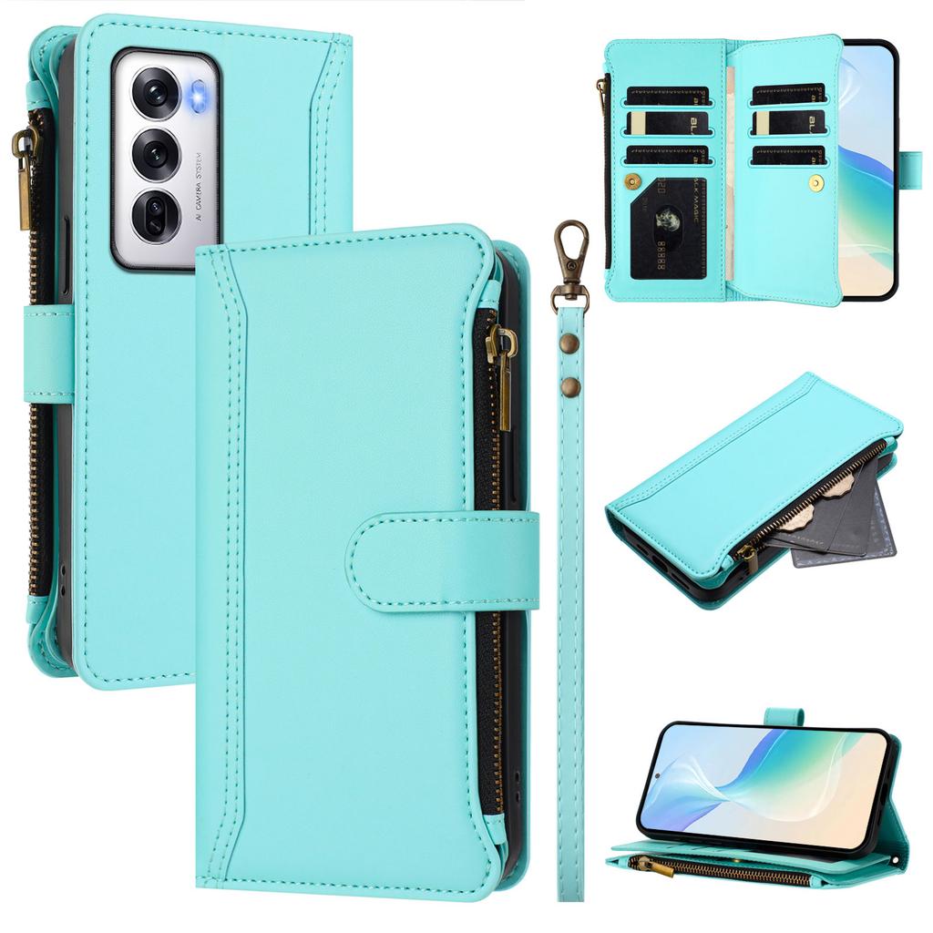 For Oppo Reno12 5G (Global) Leather Case 9 Card Slots Zipper Wallet Stand Phone Cover with Wrist Strap