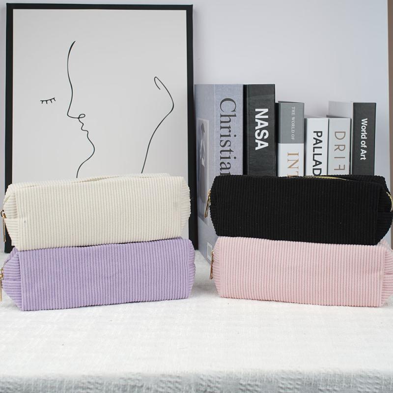 Vintage Simple Solid Color Corduroy Pencil Case Large Capacity Stationery Storage Bag School Supplies