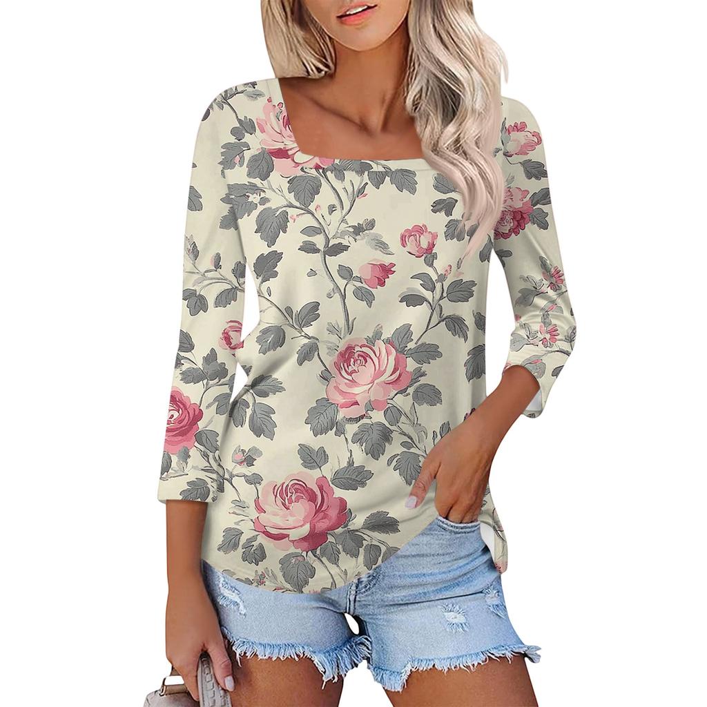 Dámské tričko s potiskem a 3/4 rukávy pro každodenní nošení i na víkend, módní základní top se čtvercovým výstřihem, běžný střih