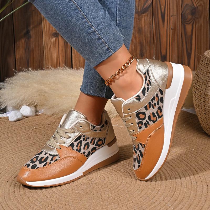 Mode 2025 Dames Outdoor Platform Ronde Neus Laag Uitgesneden Luipaard Sleehak Sneakers Dames Trend Veterschoenen Zapatos De Mujer