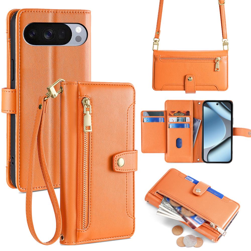 For Google Pixel 10 Pro XL Leather Case Zipper Pocket Wallet Phone Cover with 2 Straps